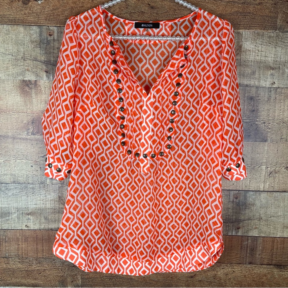 Stitch Fix 41 Hawthorn Moni Geo Print Blouse Top in Orange Size Small